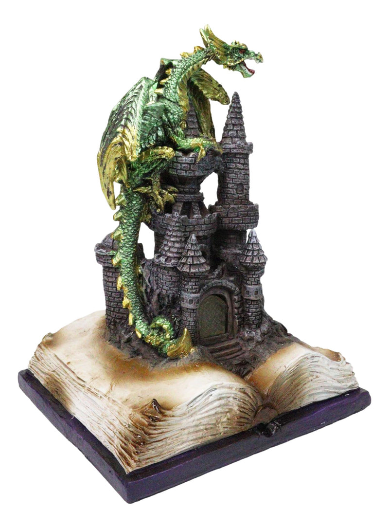 Medieval Green Dragon Perching On LED Castle With Book of Spells Figurine