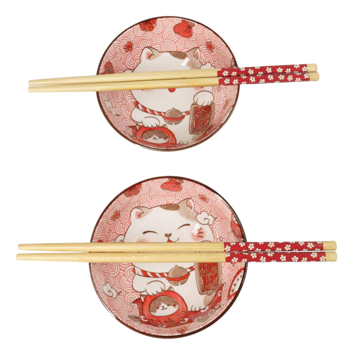Set of 2 Lucky Cat Maneki Neko Red Ceramic 12oz Bowls With Bamboo Chopsticks