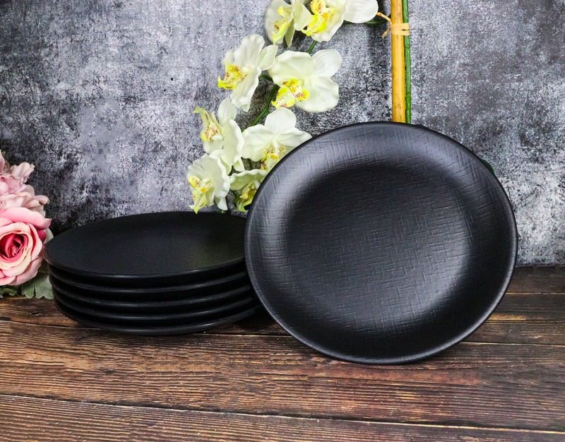Pack Of 6 Black Silk Melamine Round Dinner Plates 10"D Restaurant Supply