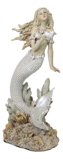 Large Vintage Sea Goddess Mermaid Holding Sconce Standing By Coral Reef Statue
