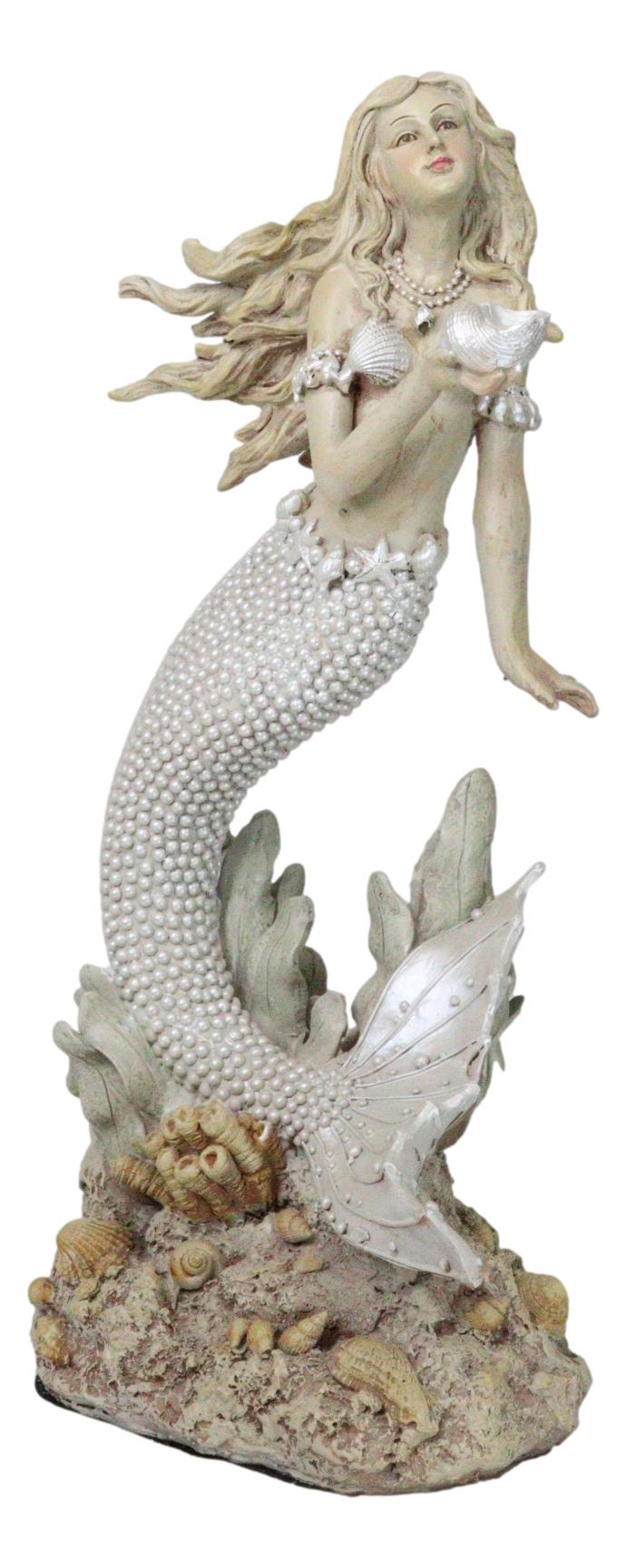 Large Vintage Sea Goddess Mermaid Holding Sconce Standing By Coral Reef Statue