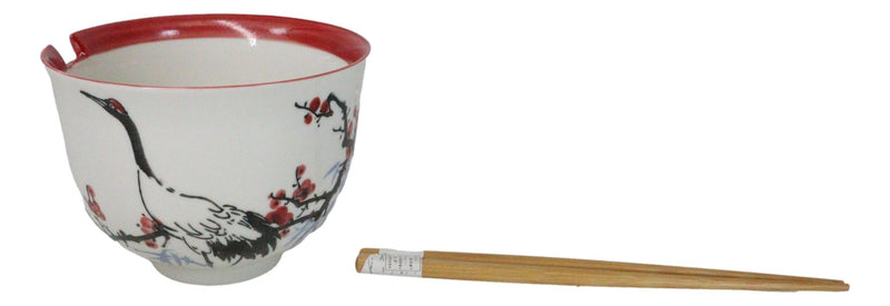 Japanese Crane On Cherry Blossoms Ceramic Donburi Ramen Bowl With Chopsticks Set