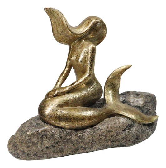 Gold Leaf Resin Abstract Art Mermaid Sunbathing On Ocean Rock Figurine 8.5" L