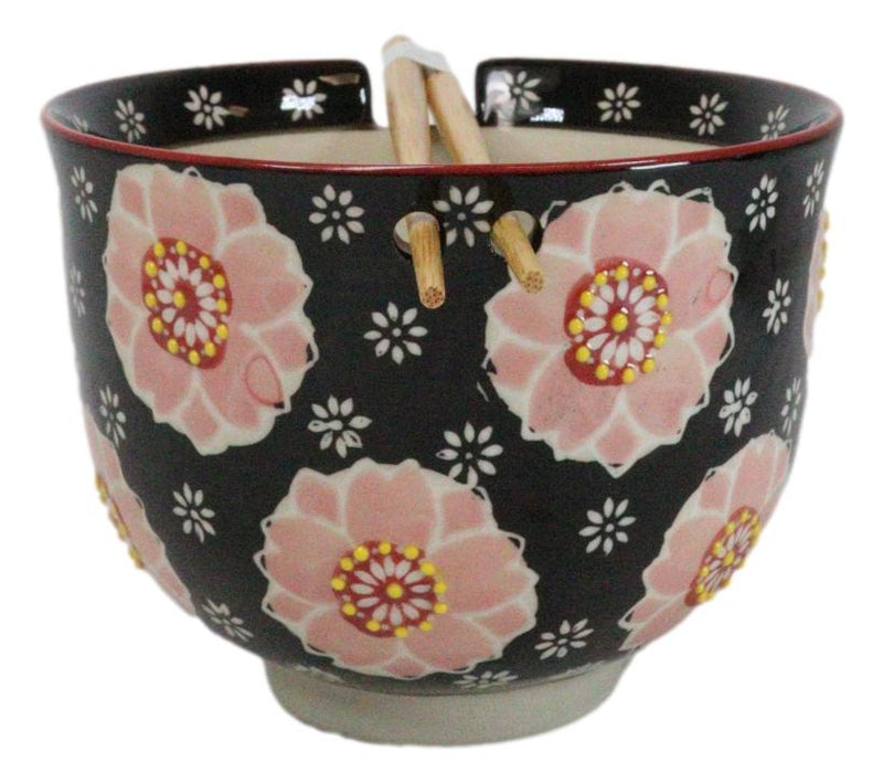 Black And Pink Cherry Blossoms Sakura Donburi Ramen Bowl With Chopsticks Set