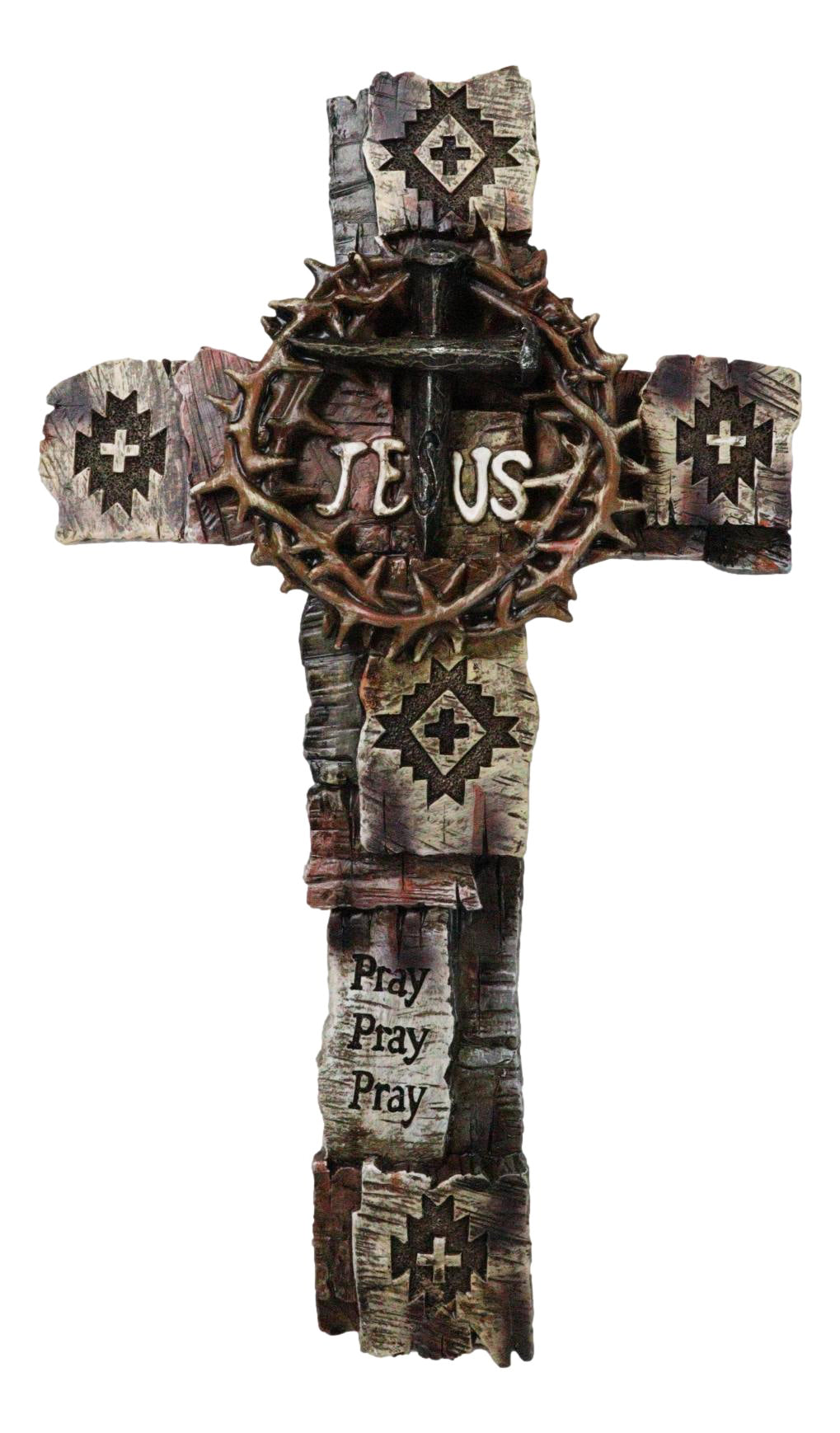 Navajo Symbols Crown of Thorns Spike Nails Jesus Sign Faux Wooden Wall Cross