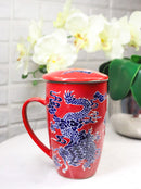 Red Oriental Dragon King 15oz Porcelain Tea Mug With Lid Stainless Steel Infuser