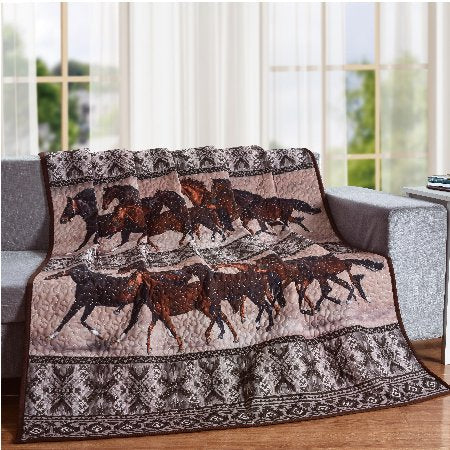 Rustic Western Horse Valley Herd Navajo Vectors Cozy Plush Quilted Throw Blanket