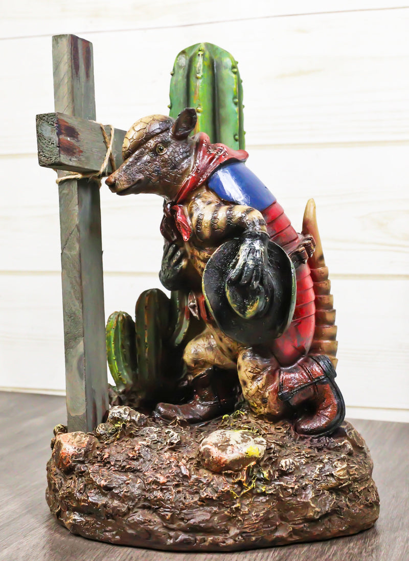 Rustic Western Armadillo Cowboy by Saguaro Cactus Praying By The Cross Figurine