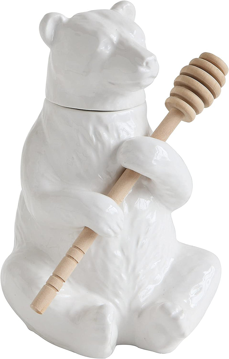 White Ceramic Forest Black Bear Wooden Bamboo Dipper Stick Honey Pot Jar Set