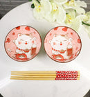 Set of 2 Lucky Cat Maneki Neko Red Ceramic 12oz Bowls With Bamboo Chopsticks