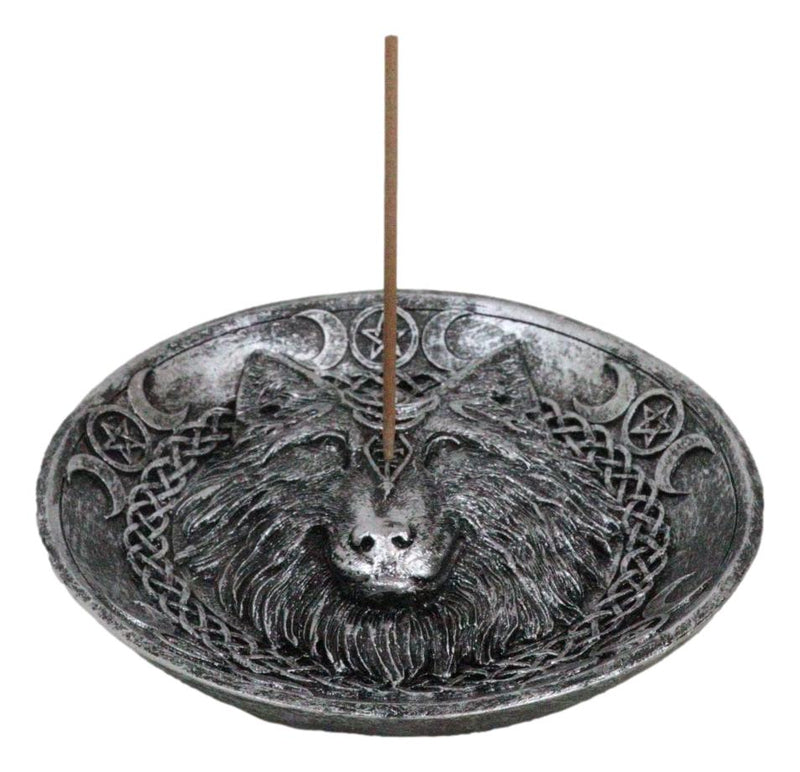 Wicca Celtic Knotwork Triple Moon Pentagram Gray Wolf Round Incense Holder