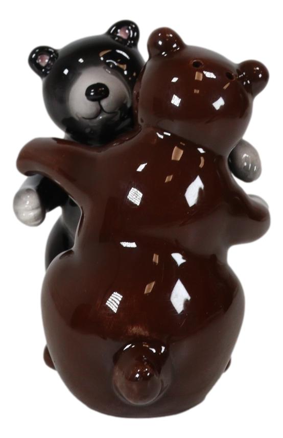 Ceramic Black And Grizzly Brown Bears Hugging Dancing Salt And Pepper Shakers