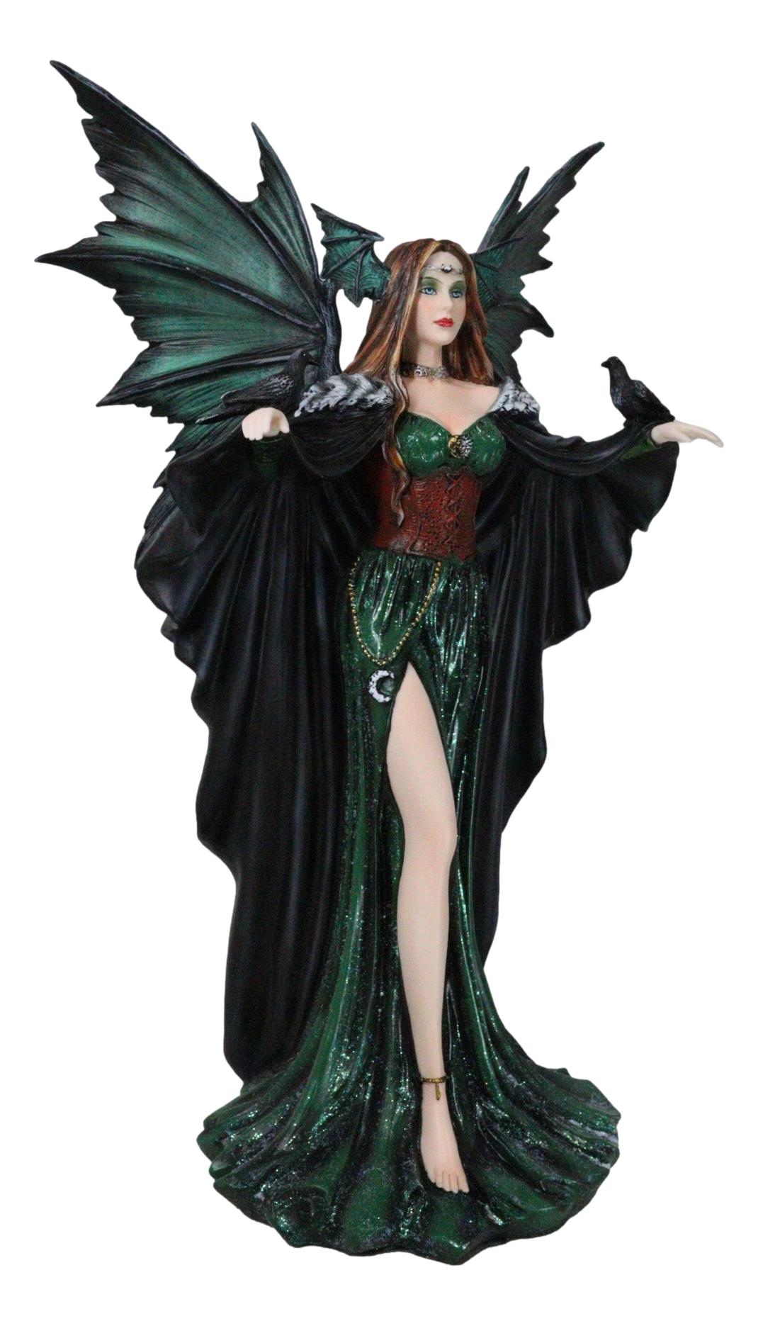 Large Gothic Dragon Fairy Queen In Long Green Robe With Ravens Statue 17"H