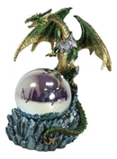 Green And Gold Armored Dragon On Rocky Cliff Edge With LED Optic Ball Figurine