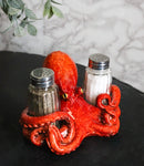 Red Spotted Nautical Marine Cephalopod Octopus Salt Pepper Shakers Holder Set