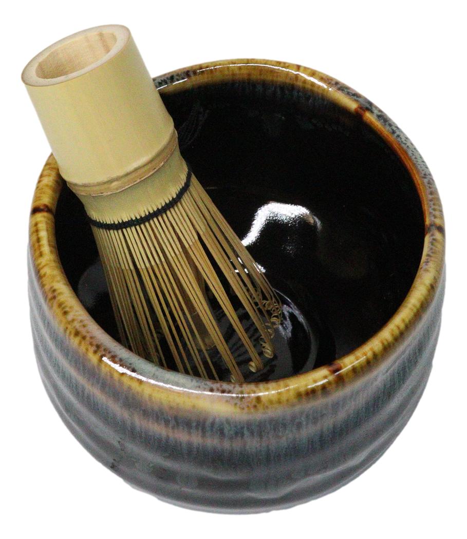 Black Brown Waterfall Ceramic Japanese Matcha Green Tea Bowl Whisk & Scoop Set