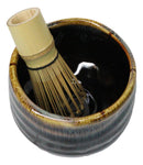 Black Brown Waterfall Ceramic Japanese Matcha Green Tea Bowl Whisk & Scoop Set