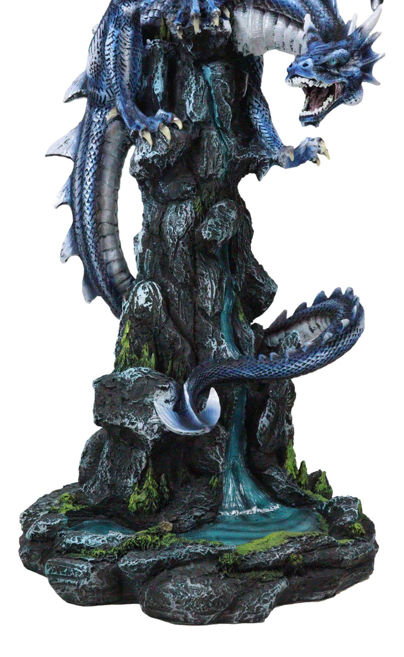 Large Blue Zirconia Rogue Storm Dragon Hovering Over Cliff Rock Waterfall Statue