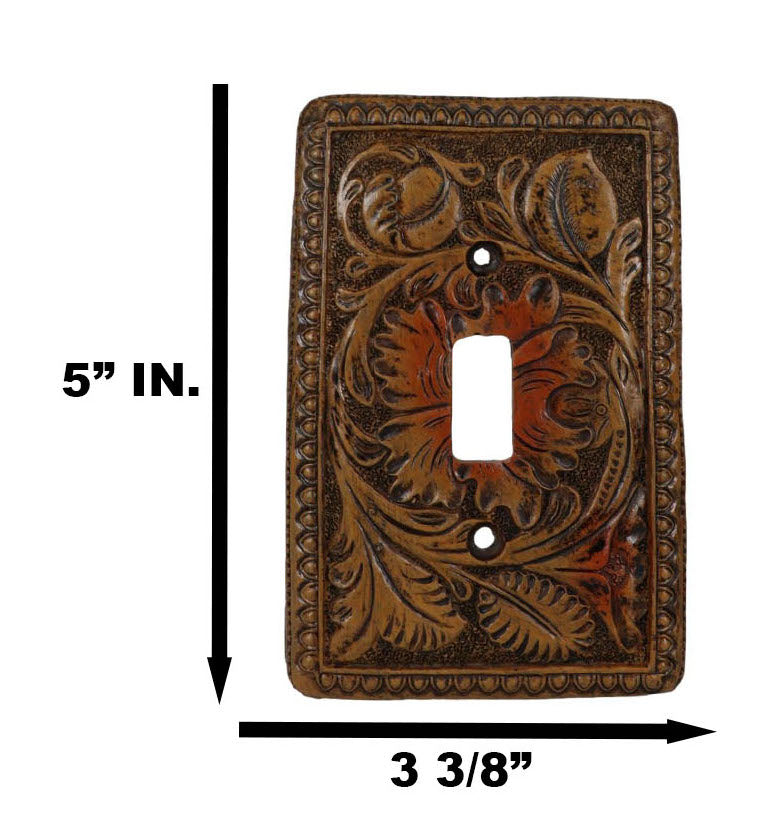 Set of 2 Western Tooled Floral Lace Faux Wood Wall Single Toggle Switch Plates
