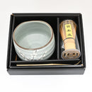 Plum Blue Sakura Blooms Ceramic Japanese Matcha Green Tea Bowl Whisk & Scoop Set