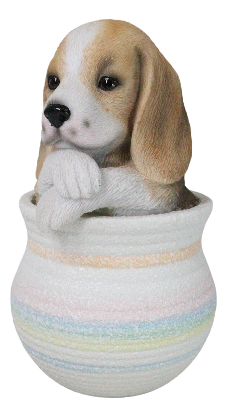 Realistic Tri Color Beagle Puppy Dog Figurine With Glass Eyes Pup In Pot
