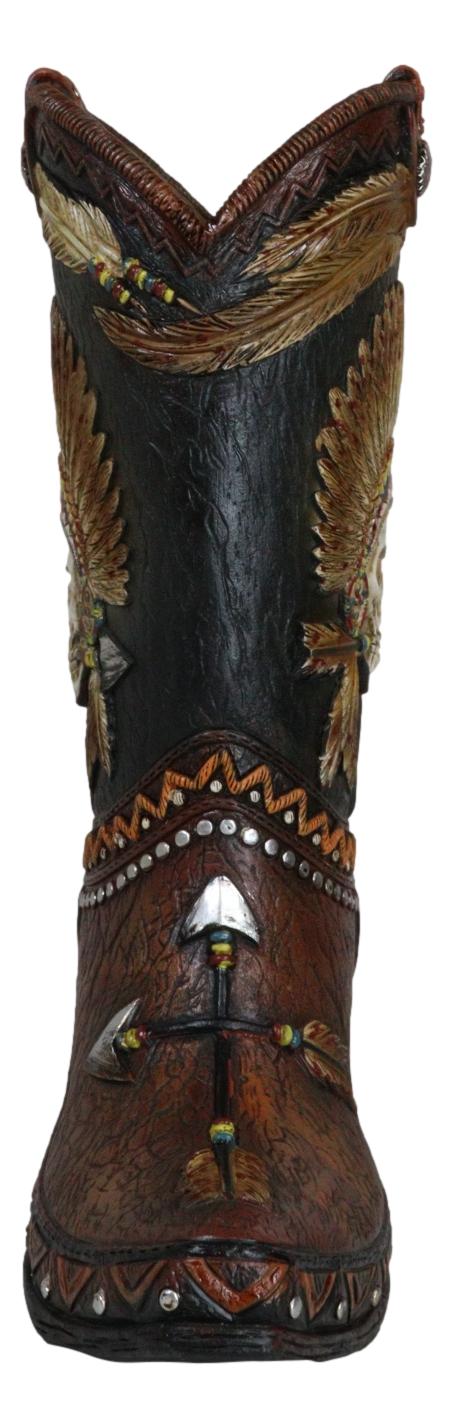 Western Indian Skull Chief with Headdress Faux Tooled Leather Cowboy Boot Vase