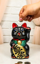 Japanese Luck Fortune Charm Black Beckoning Cat Maneki Neko Money Bank Statue 5"