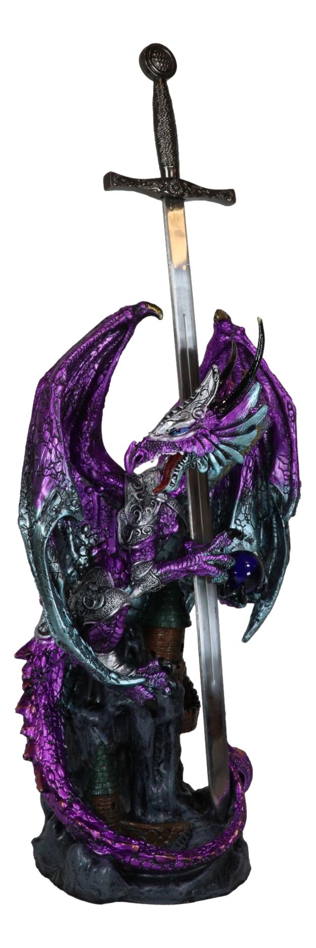 Purple Elite Knight Armored Dragon With Bronze Sword Letter Opener Figurine