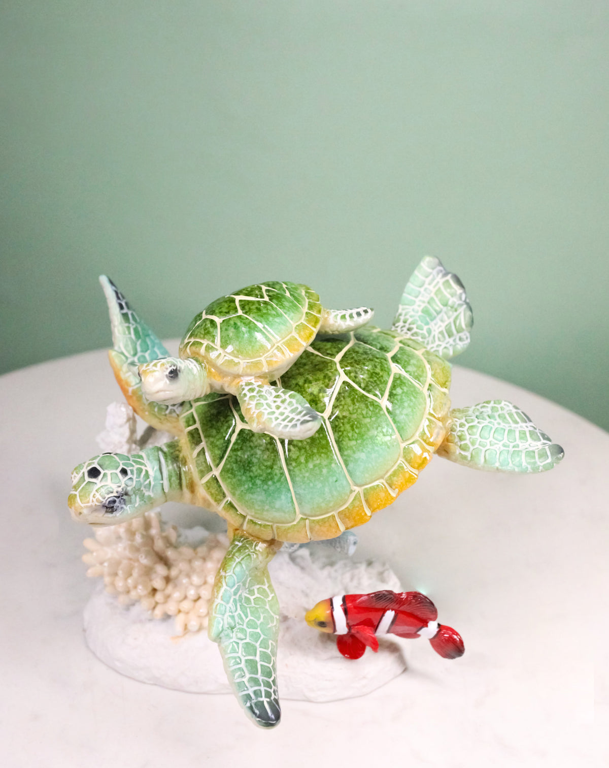 Green Sea Turtles Family Swimming By Coral Reef Sea Anemone Clownfish Figurine