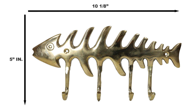 Brass Metal Golden Fishbone Fish Bone Marine Coastal 4 Peg Wall Hooks Plaque