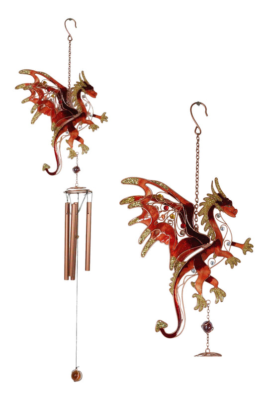 Medieval Fantasy Red Gold Fire Dragon Cross Art Glass Gemstones Metal Wind Chime