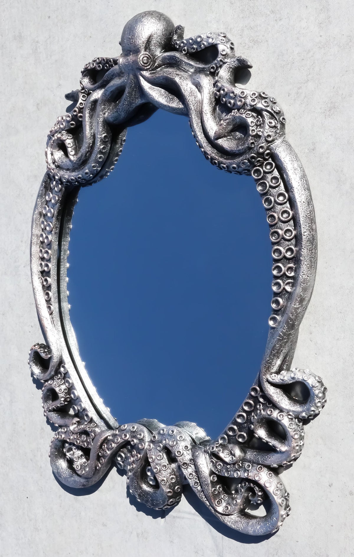 25"H Large Vintage Silver Marine Sea Monster Kraken Cthulhu Octopus Wall Mirror