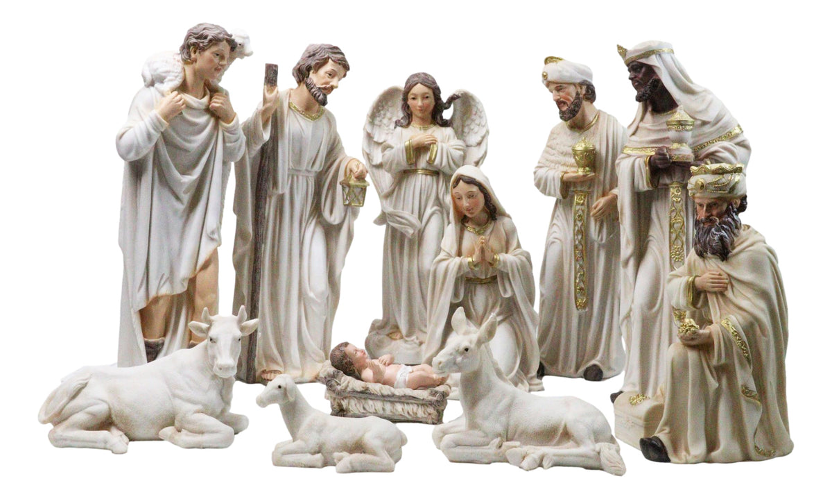 Christmas Nativity Mary Joseph Jesus Wise Men Angel 11pc Figurines Off White 12"