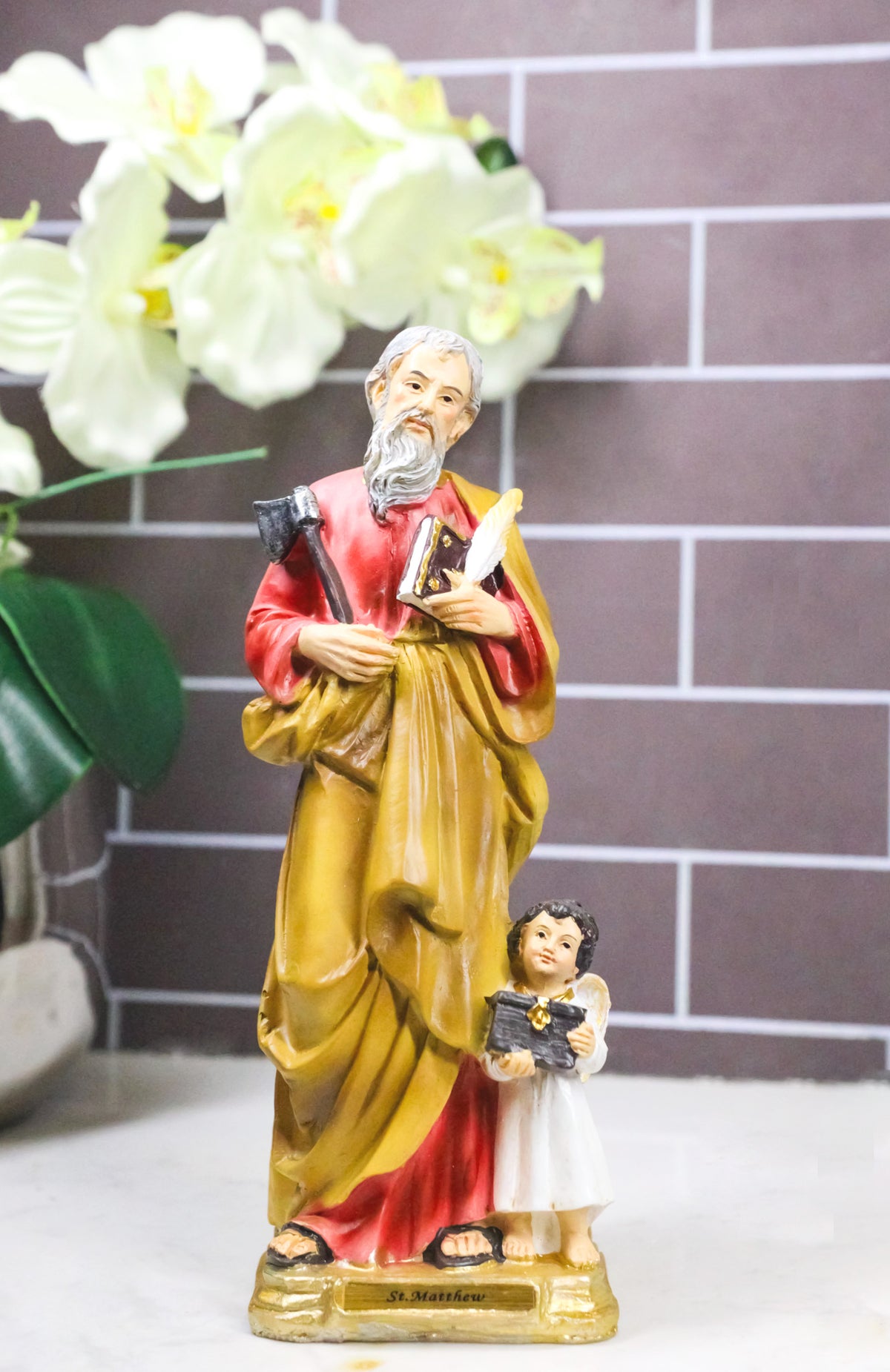 Christian Apostle of Jesus Saint Matthew Evangelist With Angel Figurine 8"H