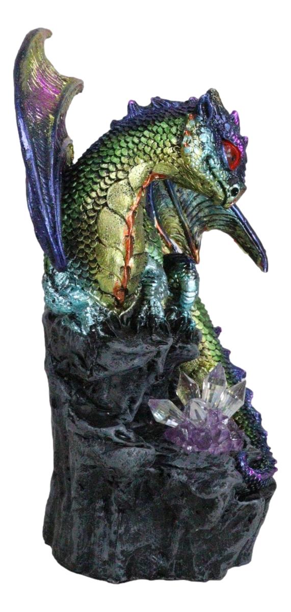 Green Blue Gold Galaxy Baby Dragon On Faux Geode LED Crystals Rock Figurine