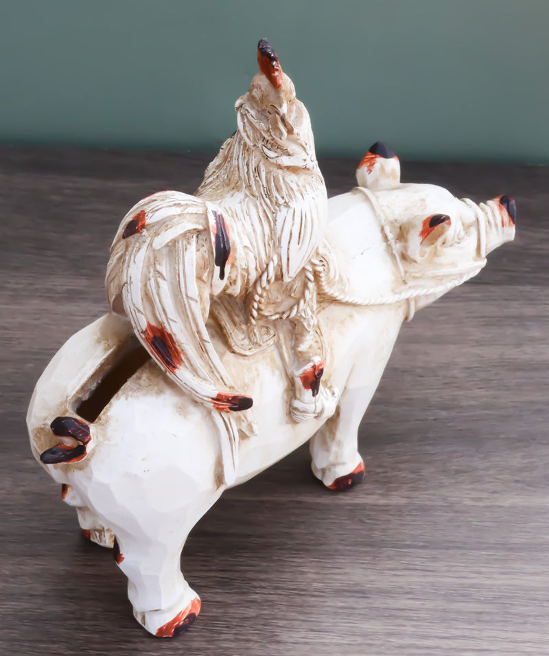 Rustic Country Farmhouse Chicken Rooster Riding On Pig Piggy Coin Money Bank