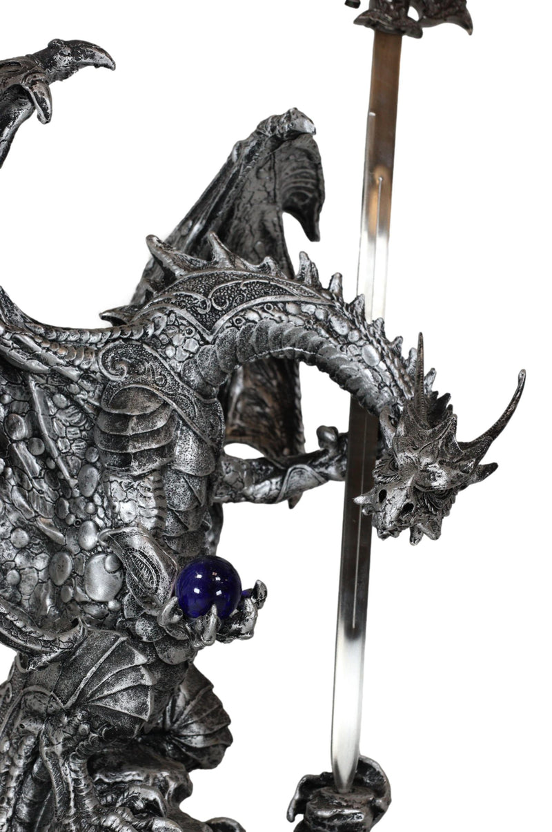 Stone Grey Dragon Holding Blue Orb and Drake Skull Sword Letter Opener Figurine