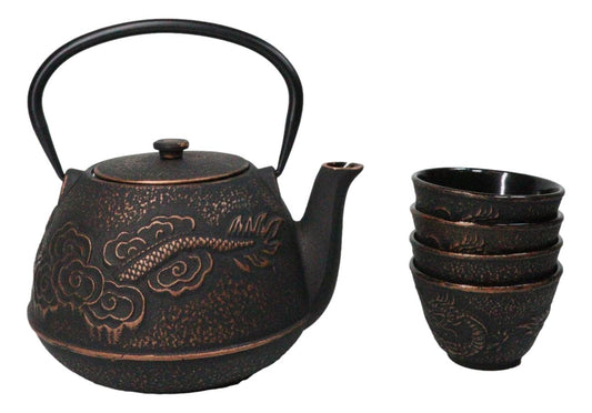 Bronze Oriental Dragon Design Tetsubin Cast Iron Teapot 33oz And 4 Tea Cups Set