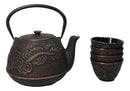 Bronze Oriental Dragon Design Tetsubin Cast Iron Teapot 33oz And 4 Tea Cups Set