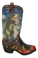 Western Prehistoric T-Rex Dinosaur With Volcano Faux Leather Cowboy Boot Vase