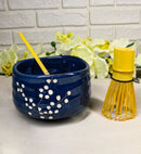 Navy Blue Sakura Blooms Ceramic Japanese Matcha Green Tea Bowl Whisk & Scoop Set