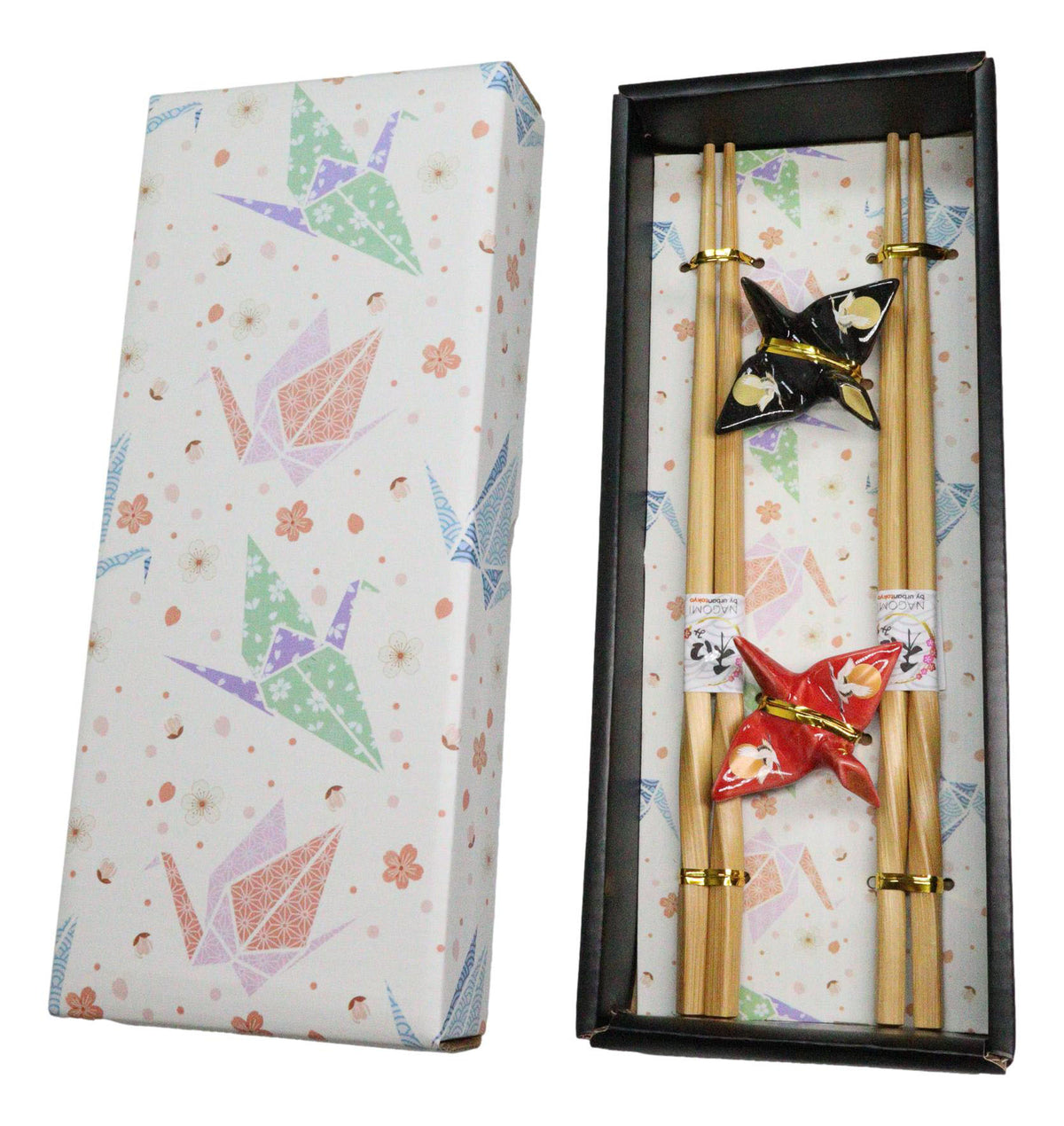 Red And Black Full Moon Cranes Set of 2 Chopsticks And Ceramic Rests Set
