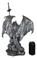 Stone Grey Dragon Holding Blue Orb and Drake Skull Sword Letter Opener Figurine