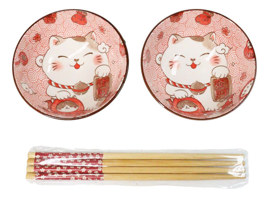 Set of 2 Lucky Cat Maneki Neko Red Ceramic 12oz Bowls With Bamboo Chopsticks