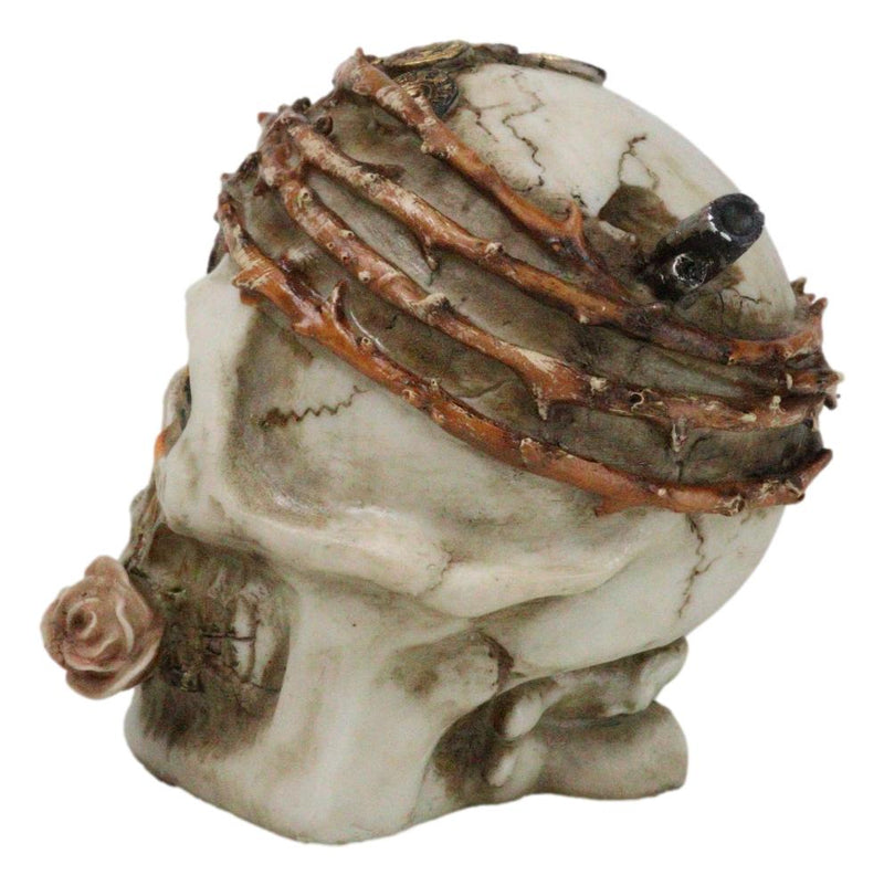 Macabre Pirate Captain Skull With Thorns Revolver Gun and Pink Rose Figurine