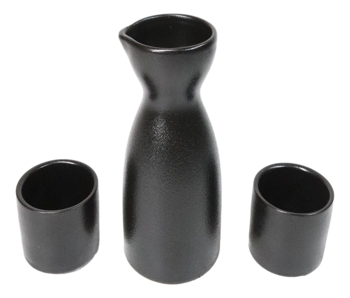 Minimalistic Black Kokuyo Porcelain Japanese Wine Sake Flask With 2 Cups Set