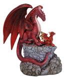 Red Fire Elemental Dragon with Baby Hatchling Standing On Rock Cliff Figurine