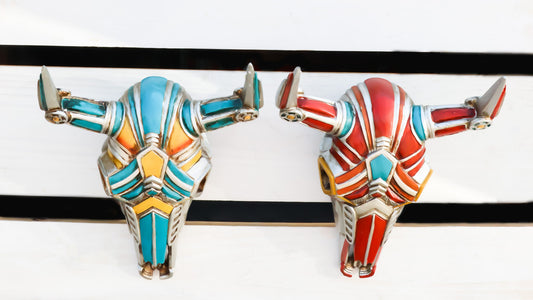Set of 2 Red and Blue Western Robotic Cyborg Horned Cow Skull Wall Decors