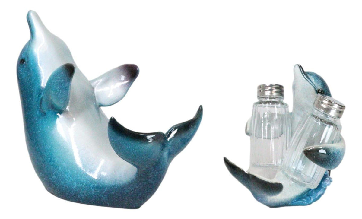 Set Of 2 Ocean Marine Dolphin Fish Wine Bottle And Salt Pepper Shakers Holders - Ebros Gift