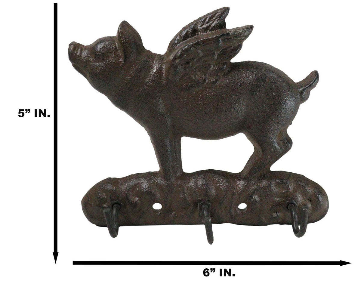Cast Iron Whimsical Flying Pig Angel 3-Peg Wall Hook Decorative Sculpture - Ebros Gift